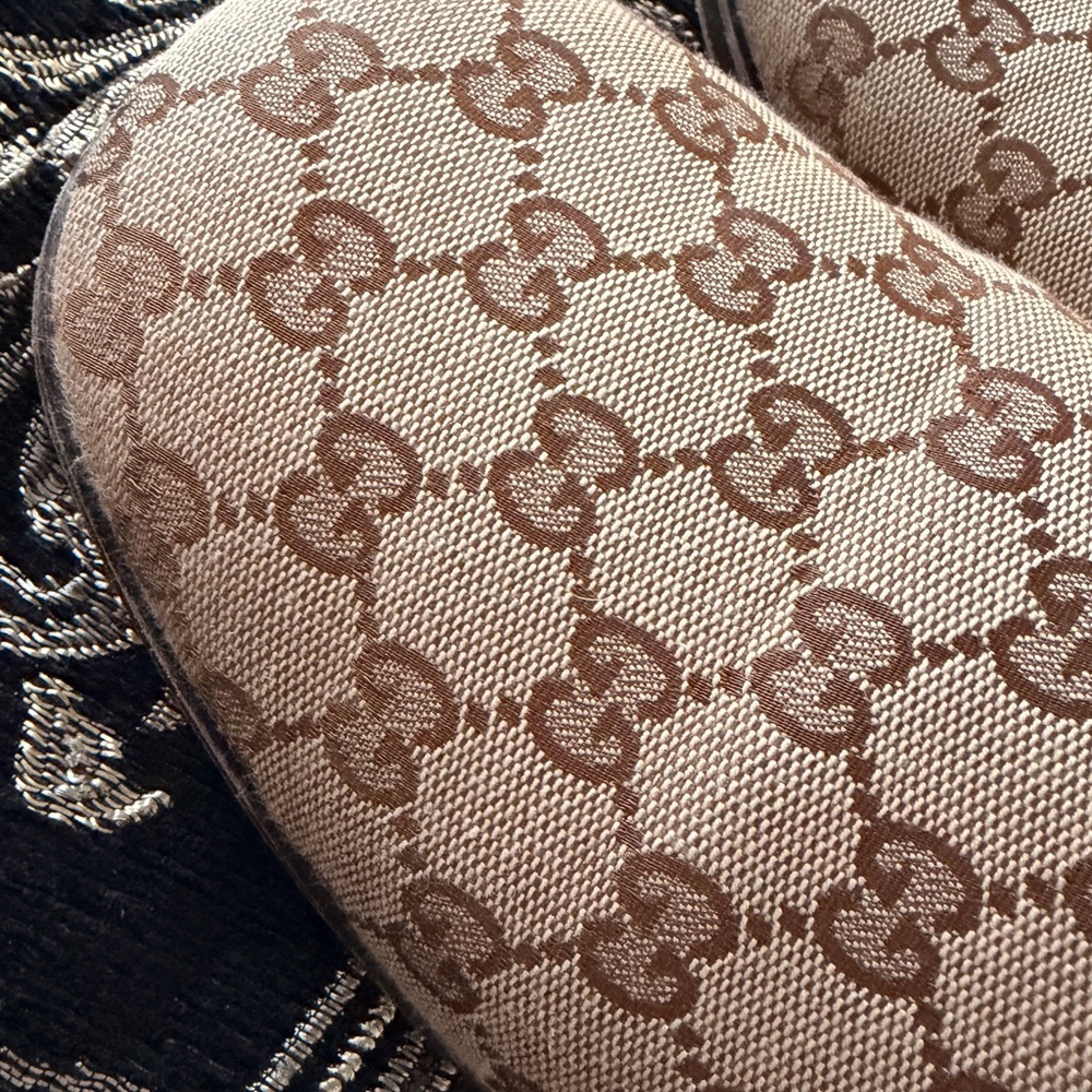 Gucci Beige and Brown Monogram Mules with Gold Detail - Picture 6 of 8